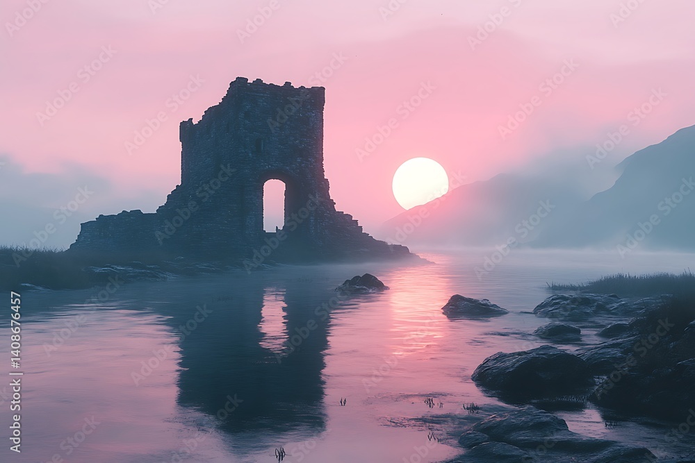 Obraz premium Ruined Tower, Pink Sunset, Misty Lake