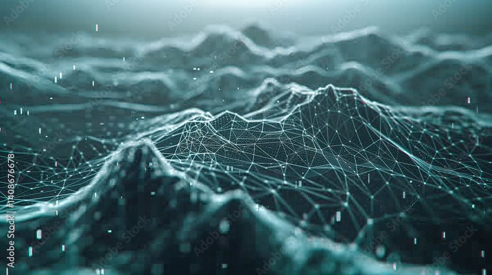 Futuristic wireframe terrain made of network points and lines. Abstract visual for data, AI, and digital landscapes. Great for tech, science, and virtual environments.