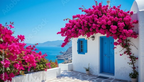 A Traditional Whitewashed House on Greek Island in Mediterranean Scene.