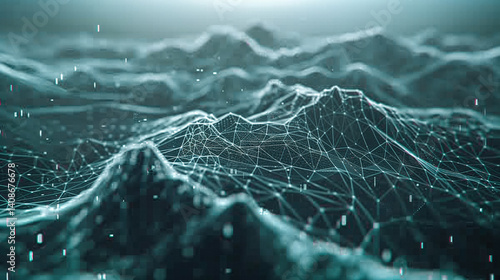 Obraz na płótnie Futuristic wireframe terrain made of network points and lines. Abstract visual for data, AI, and digital landscapes. Great for tech, science, and virtual environments. w salonie