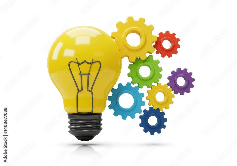 A lightbulb and colorful gears on a white background representing ideas and innovation concept A lightbulb and colorful gears on a white background representing ideas and innovation concept