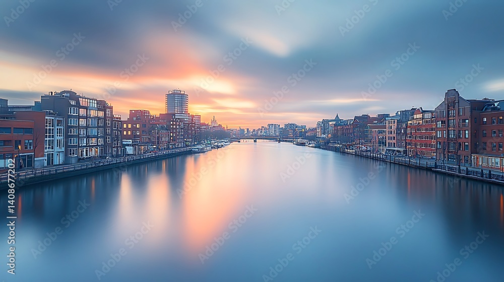 Fototapeta premium Sunrise cityscape, canal reflection, city skyline, long exposure