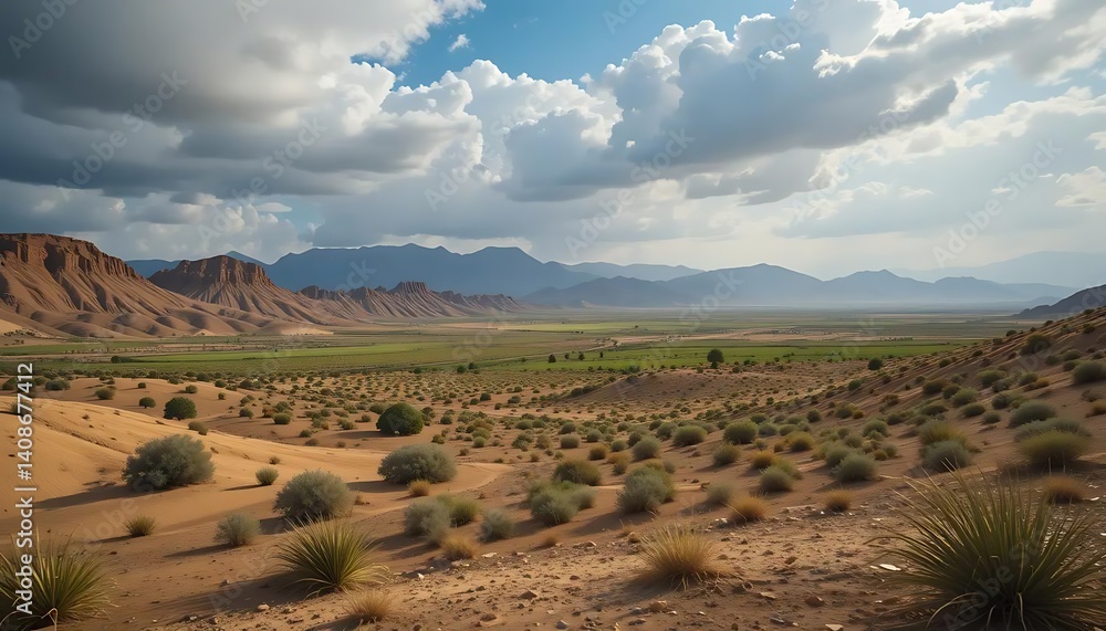 Fototapeta premium Desert Landscape: Serene Sands, Verdant Valley, Dramatic Sky