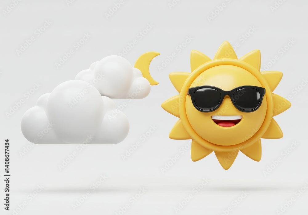 Cartoon sun with sunglasses next to a cloud and moon on a white background illustration Cartoon sun with sunglasses next to a cloud and moon on a white background illustration