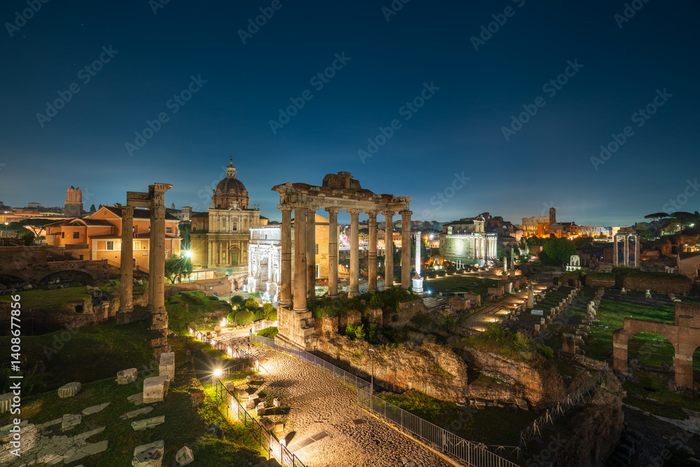 Ruins of Roman forum at night in Rome. Italy