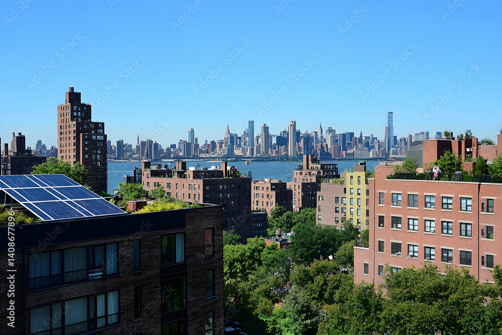Naklejka premium Modern Solar Panels Installed on a New York Home Under Clear Blue Sunny Sky, Solar Photography, Solar Powered Clean Energy, Sustainable Resources, Electricity Source.