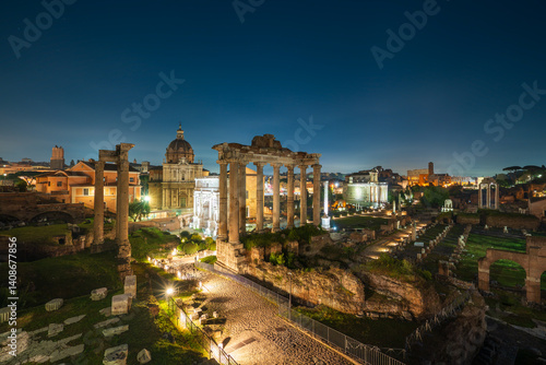 Obraz na płótnie Ruins of Roman forum at night in Rome. Italy w salonie