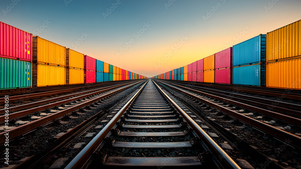 Obraz premium series of shipping containers loaded on railcars, stretching into the distance with a clear sky above