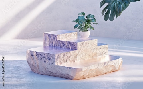 A plant rests gently on a stone step, blending nature with architecture.