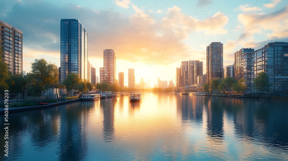 Naklejka premium Sunset cityscape, canal reflection, boats, modern buildings, urban tranquility, tourism