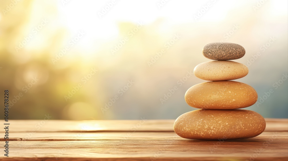 Balanced stones stack on wooden surface in natural light Balanced stones stack on wooden surface in natural light