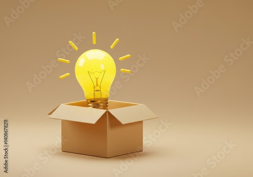 A glowing lightbulb inside a cardboard box on a beige background with light rays around bulb