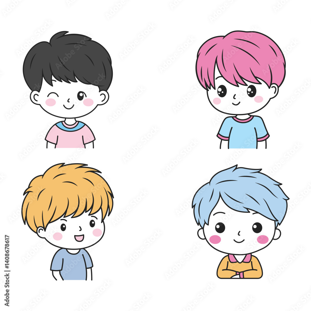 Set of Cute Little Boy Kid Cartoon Character Wearing Casual Clothes with Mood Expression Set of Cute Little Boy Kid Cartoon Character Wearing Casual Clothes with Mood Expression