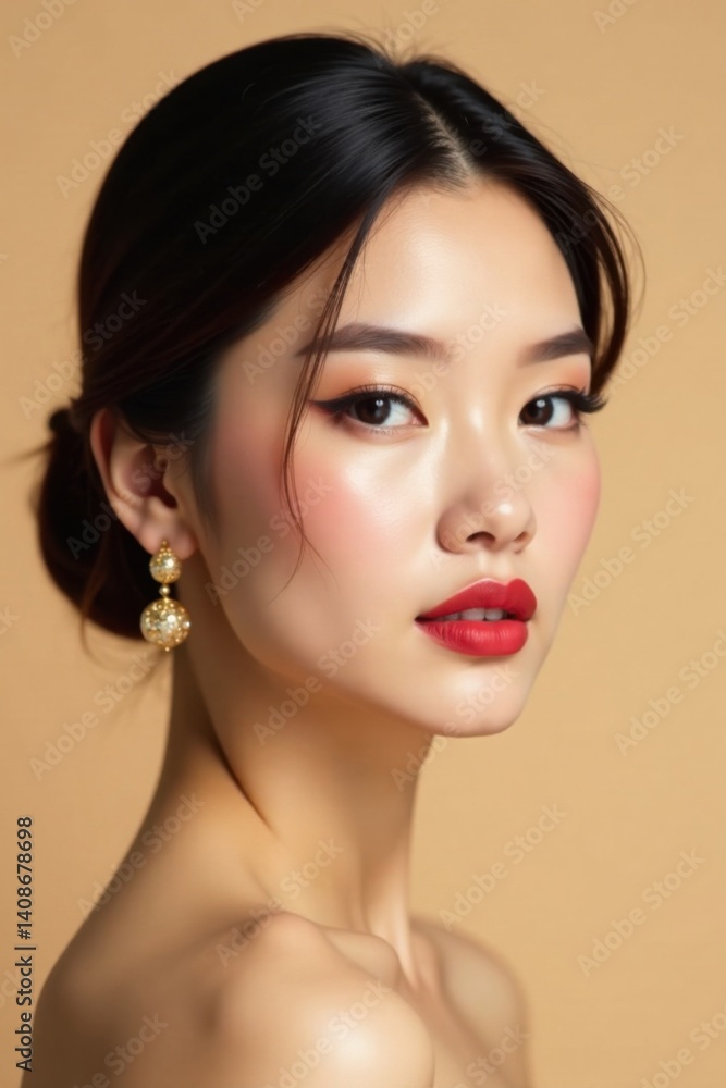 Fototapeta premium Elegant woman with Asian features wearing luxurious makeup and accessories on a beige background, beauty, elegance, luxury