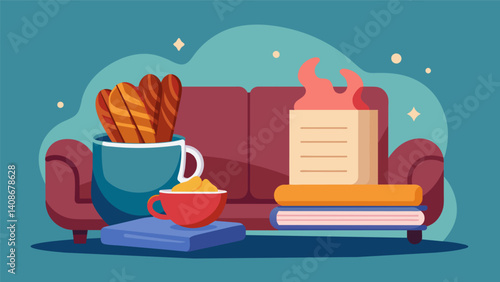 Curling up on the couch with a good book and a steaming cup of hot chocolate was made even better with a plate of fresh crispy churros.. Vector illustration