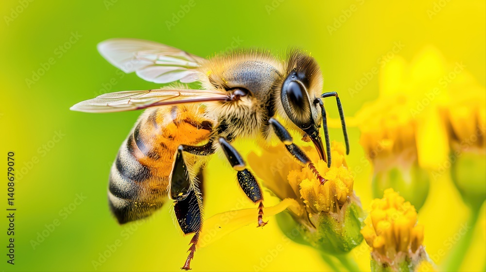 Close-up of honey bee on bright yellow flower bloom Close-up of honey bee on bright yellow flower bloom