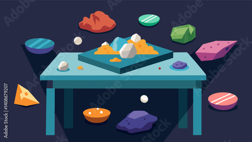 A table adorned with various types of rocks and minerals invites students to touch and examine the unique properties of each sparking their interest in geology and earth sciences.. Vector illustration