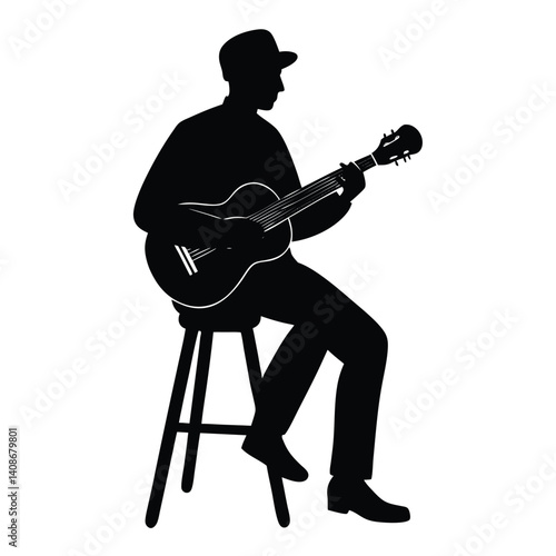 AfricanAmerican Man Silhouette Playing Acoustic Guitar Seated on Stool Isolated