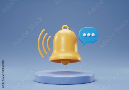 A rendered image of a golden bell on a blue stand with a blue speech bubble next to the bell