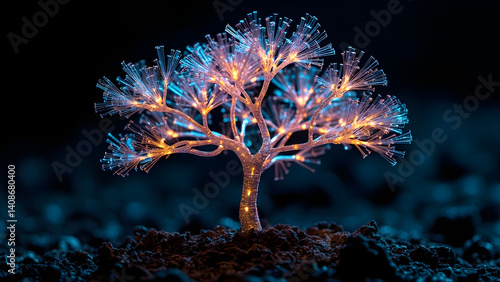 Glowing Fiber Optic Tree on Dark Background