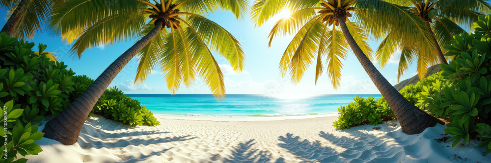 A serene tropical beach with palm trees leaning toward the crystal-clear turquoise water under a bright sunny sky. A serene tropical beach with palm trees leaning toward the crystal-clear turquoise water under a bright sunny sky.