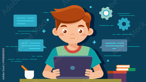 A young boy engrossed in coding on his tablet completely focused as he creates and manipulates complex algorithms.. Vector illustration