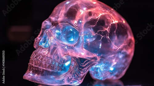 A vibrant, translucent skull, illuminated by a spectrum of iridescent lights.
