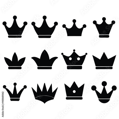 Black Crowns Silhouette on Transparent Background Displayed in Rows and Columns
