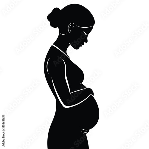 Black Silhouette Contemplative Pregnant Woman with Hands on Belly