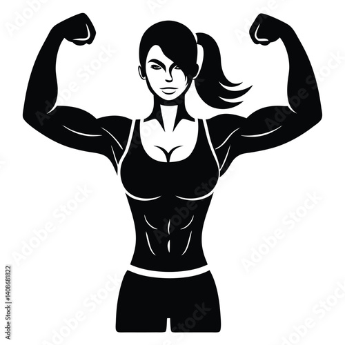 Black silhouette of a Caucasian female flexing muscular arms with abs outline