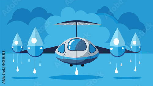 The raindrops bounce off the smooth surfaces of the air taxis giving them a futuristic and almost invincible appearance.. Vector illustration