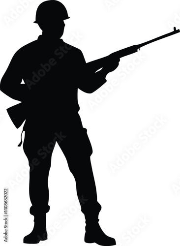 Black Silhouette of a Soldier in Uniform Standing Holding Rifle on Transparent Background
