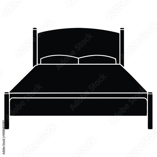 Black Solid Wood Bed with Pillows Isolated on White Background Icon