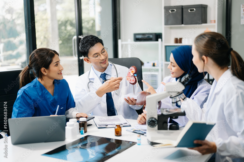 Fototapeta premium Medical, meeting and doctors with laptop for research, planning and hospital schedule management. Health, professional and people team for brainstorming in hospital