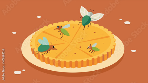 Flies buzz around the remnants of a pie now just a crust and a few crumbs on a paper plate.. Vector illustration