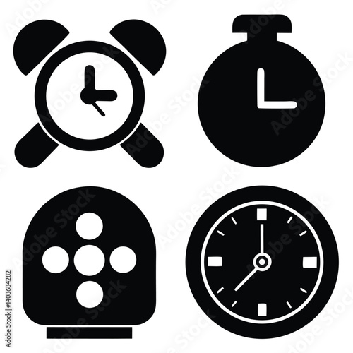 Collection of Various Black Watch Icons Stopwatch Alarm Clock on White Style