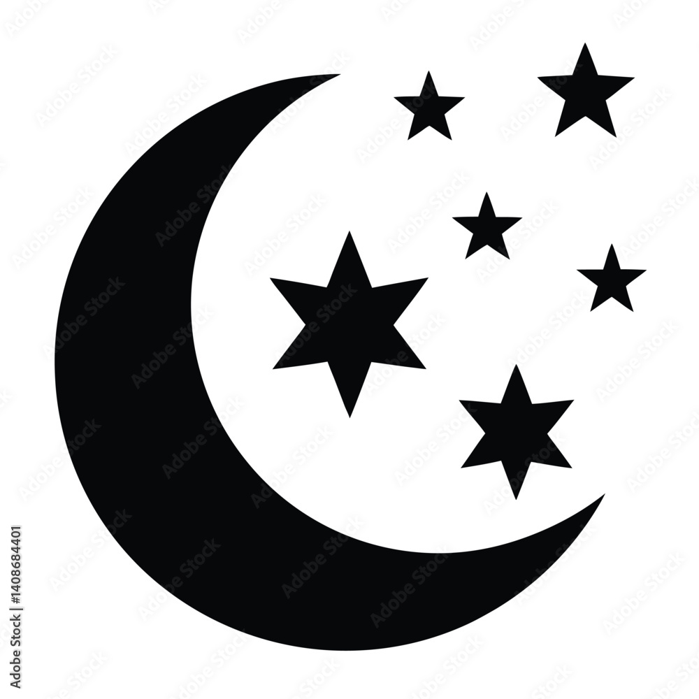Crescent Moon With Stars Isolated on White Sky, Simple Celestial Design Crescent Moon With Stars Isolated on White Sky, Simple Celestial Design