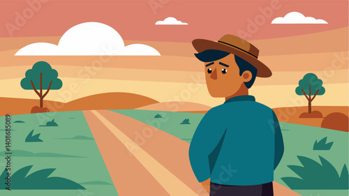 Disheartened and defeated the farmer gazes at the empty expanse of land before him a stark contrast to the bustling fields of neighboring farms.. Vector illustration