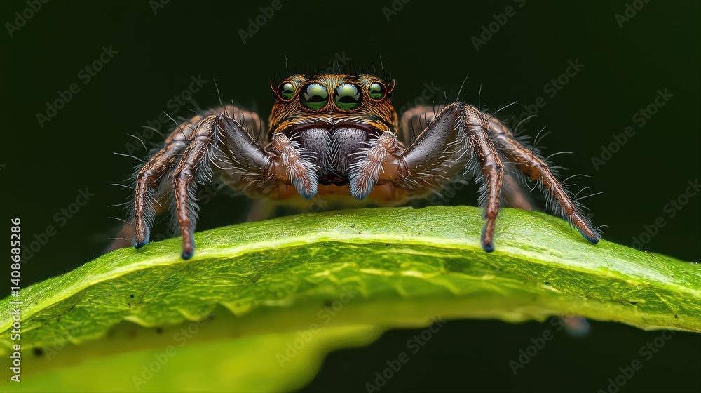 Fototapeta premium Detailed close-up of a spider on a green leaf