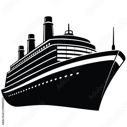 Cruise Ship Isolated on White, Ocean Liner Illustration, Monochrome Design