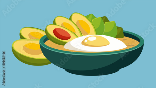 Energize yourself with this iconic Dominican breakfast a bowl of mashed plantains topped with fried eggs and a side of avocado.. Vector illustration