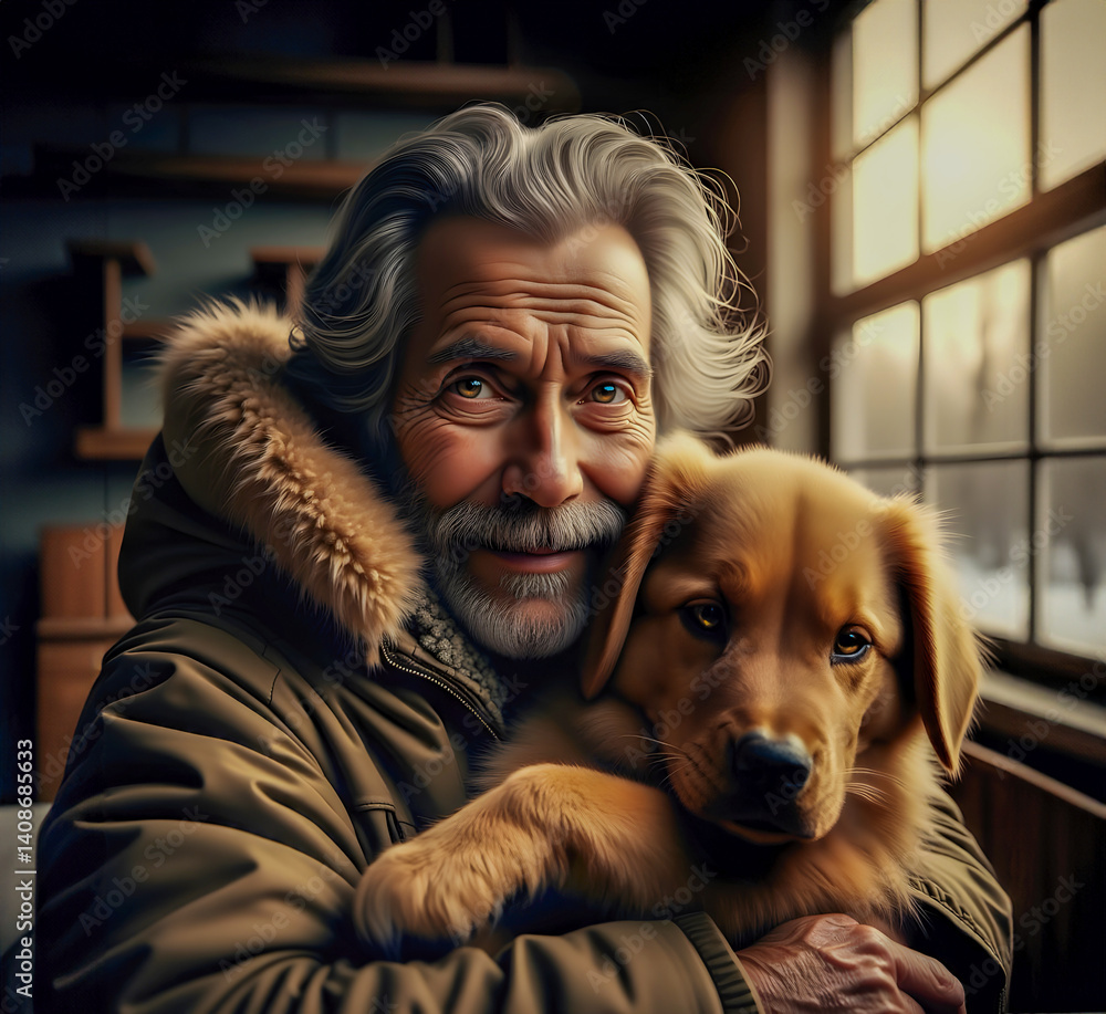 Mature aged Man hugging his golden retriever, unconditional love , Ai