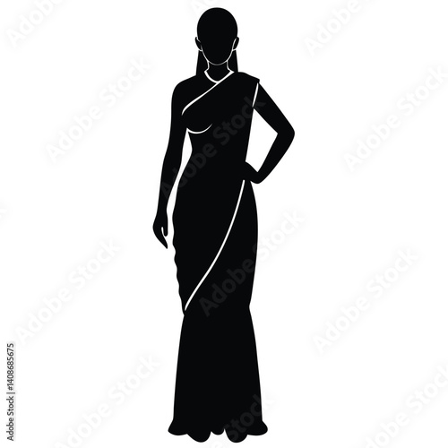 Elegant Indian Woman Silhouette with Saree, Hand on Hip, on Transparent Background