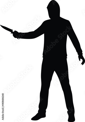 Hooded Male Silhouette Holding Knife in Threatening Pose on Transparent Background