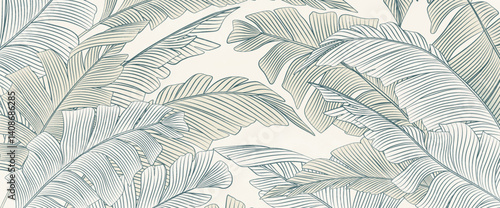 Tropical abstract art background with exotic plant leaves in line style. Botanical banner for decor, print, wallpaper, textile, interior design, poster, packaging.