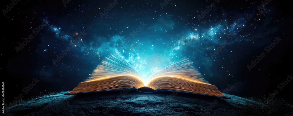 Naklejka premium Open book under starry sky blending dreamlike imagination concept. An open book illuminated by a cosmic galaxy background, inspiring wonder.