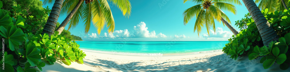 Fototapeta premium A picturesque tropical beach with white sand, turquoise water, and palm trees under a clear blue sky.