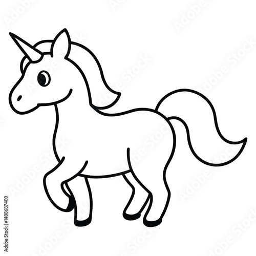 Line art unicorn trotting, white coat, fantasy creature, fairy tale, transparent