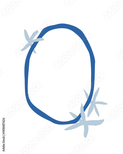 Hand-drawn marine frame with starfish. White vector doodle in blue