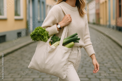 Sustainable Lifestyle: A Woman Grocery Shopping with a Reusable Eco Bag
サステナブルな暮らし：エコバッグで買い物する女性

